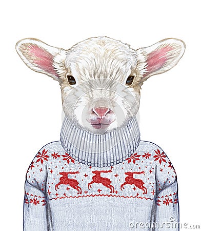 Animals as a human. Portrait of Lamb in sweater. Cartoon Illustration