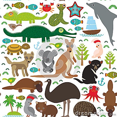 Animals Australia: Echidna Platypus ostrich Emu Tasmanian devil Cockatoo parrot Wombat snake turtle crocodile kangaroo dingo Vector Illustration