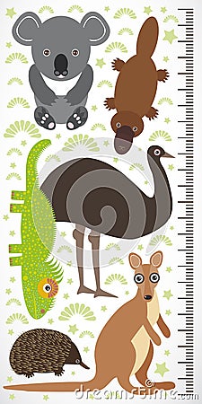 Animals Australia - koala kangaroo lizard platypus echidna emu. Children height meter wall sticker Vector Illustration