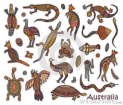 Animals drawings aboriginal australian style Vector Illustration