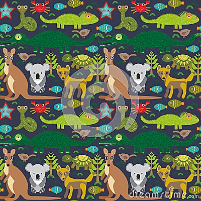 Animals Australia snake, turtle, crocodile, alliagtor, kangaroo, dingo. Seamless pattern on dark background. Vector Vector Illustration