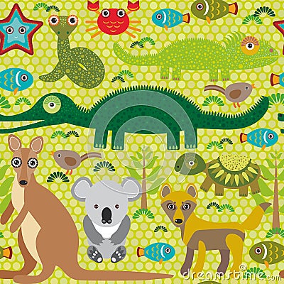 Animals Australia snake, turtle, crocodile, alliagtor, kangaroo, dingo. Seamless pattern on green background. Vector Vector Illustration