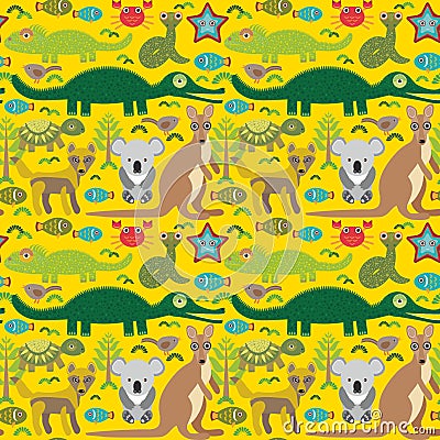 Animals Australia snake, turtle, crocodile, alliagtor, kangaroo, dingo. Seamless pattern on green background. Vector Vector Illustration