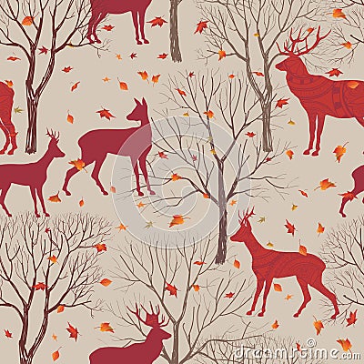 Animals in autumn forest pattern. Fall leaves and trees background Stock Photo