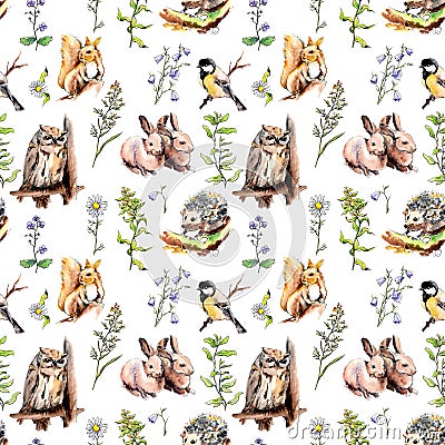 Animals, birds - rabbits, squirrel, owl, hedgehog in meadow grass. Seamless zoo background. Watercolor in sketch style Stock Photo