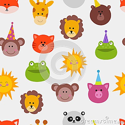 Animals carnival mask vector set festival decoration masquerade seamless pattern monkey, lion, cat, frog and sun Vector Illustration