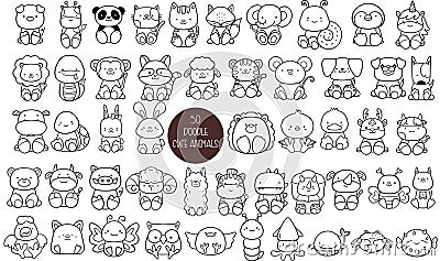 50 Animals Cartoon, Big collection of decorative for kids,baby characters, card,hand drawn, cartoon style, vector.vector illustrat Vector Illustration
