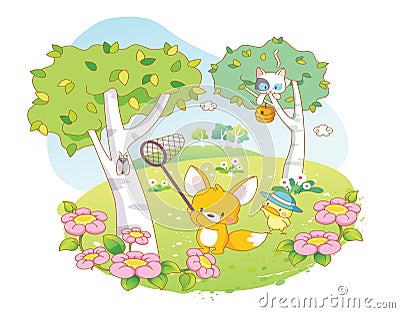 Animals cartoon playing together Stock Photo