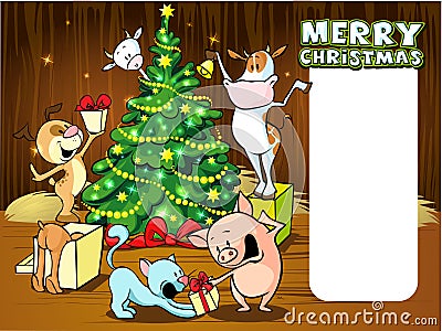 Animals celebrate Christmas - vector xmas card Vector Illustration