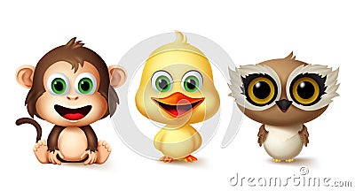 Animals character vector set. Monkey, duck and owl kids animal characters in cute smiling facial expression for pet collection. Vector Illustration