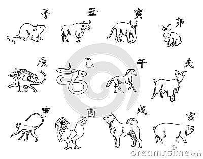 12 animals of the Chinese zodiac calendar. The symbols of the New Year, Eastern calendar. Sketch pencil. Drawing by hand Vector Illustration