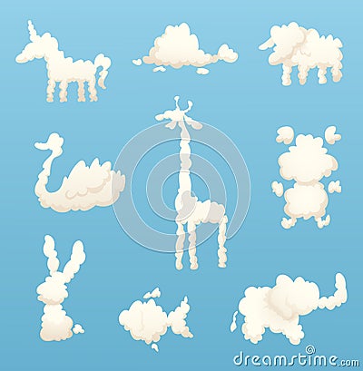Animals from clouds. Various shapes of cartoon clouds Vector Illustration