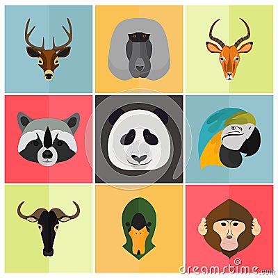Animals color flat set on color background Vector Illustration