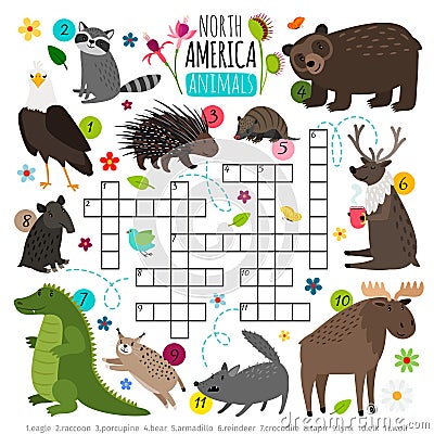 Animals crossword. Kids words brainteaser with north america animal set, word searching puzzle game Vector Illustration