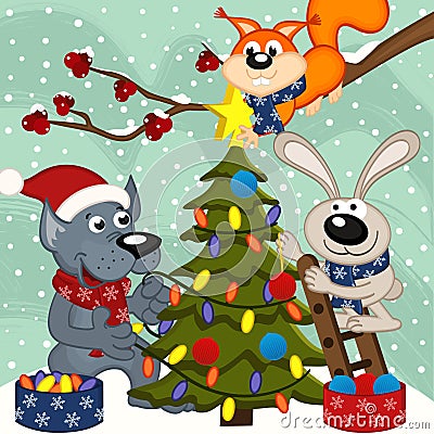 Animals decorating Christmas tree Vector Illustration