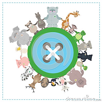 Animals of different species together on the globe. Environmental protection. Vector cartoon, funny little animals Vector Illustration