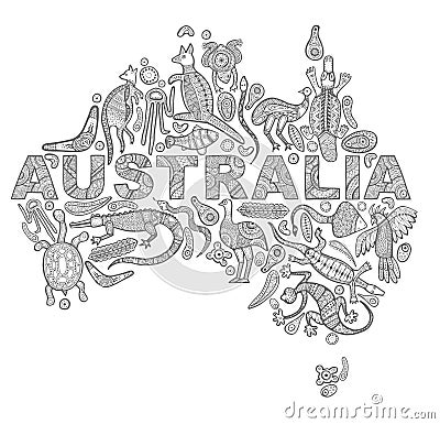 Animals drawings aboriginal australian style in the form of a map of Australia Vector Illustration