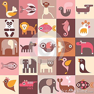 Animals, Fishes and Birds Vector Illustration