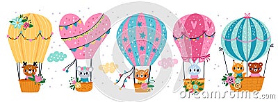 Animals fly in hot air balloon. Funny deer, mouse, fox, bunny drive vehicles. Patterned hand drawn objects with little Vector Illustration