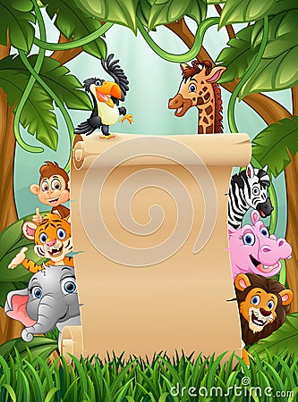Animals forest with a blank sign paper roll Vector Illustration