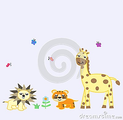 3 Animals funny Design, lion, tiger, girrafe Vector Illustration