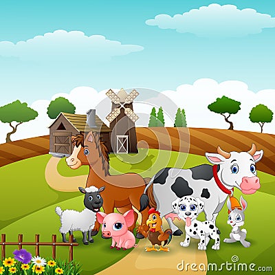 Animals group at the path of farm Vector Illustration