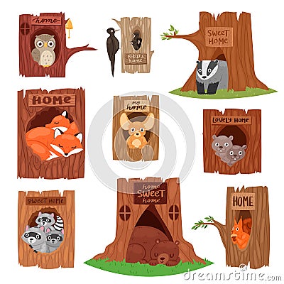 Animals in hollow vector animalistic character in tree hollowed hole illustration set of birds owl or bird on treetops Vector Illustration