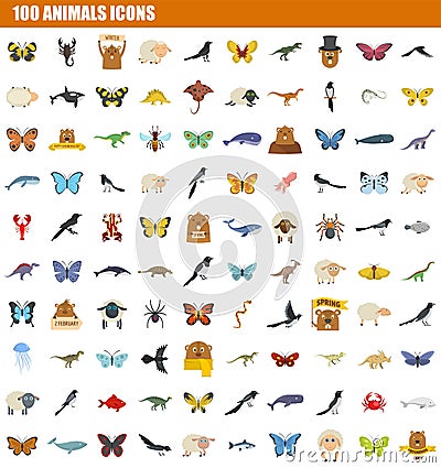 100 animals icon set, flat style Stock Photo