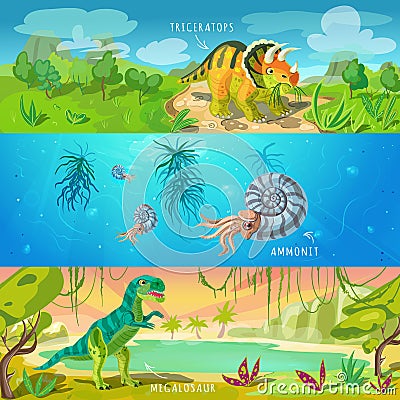 Animals Jurassic Banners Set Vector Illustration