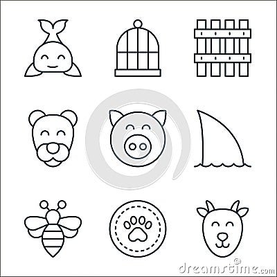 animals line icons. linear set. quality vector line set such as goat, pet bowl, wasp, shark, pig, lioness, fence, bird cage Vector Illustration