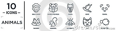 animals linear icon set. includes thin line male sheep, camel, panda, squirrel, cat, globe fish, racoon icons for report, Vector Illustration