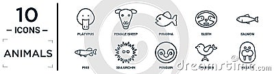 animals linear icon set. includes thin line platypus, piranha, salmon, sea urchin, sparrow, walrus, pike icons for report, Vector Illustration