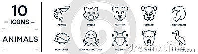 animals linear icon set. includes thin line prawn, panther, big toucan, aquarium octopus, alpaca, albatross, porcupine icons for Vector Illustration