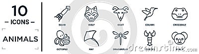 animals linear icon set. includes thin line squid, goat, crocodile, ray, lobster, koala, octopus icons for report, presentation, Vector Illustration