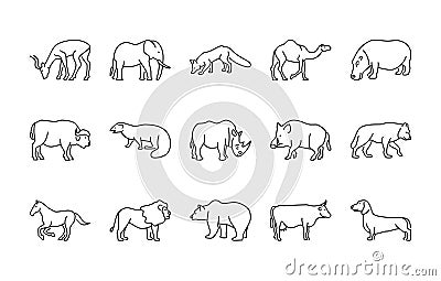 Animals linear vector icons. Isolated outline of animals elephant, fox, camel and more on a white background. Vector animals Vector Illustration