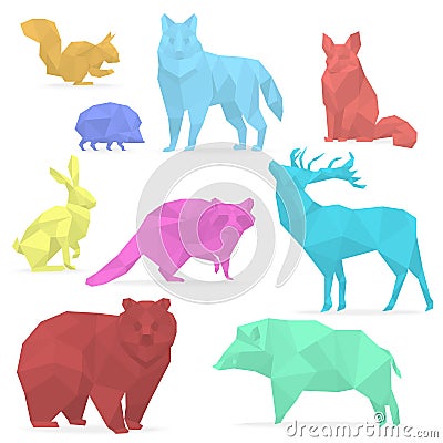 Animals low poly. Origami paper animals. wolf bear deer wild boar fox raccoon rabbit hedgehog. Vector Illustration