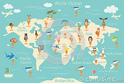 Animals, map of the world. World map for children. Animals poster. Continent animals, marine life. South America, Eurasia, North A Cartoon Illustration