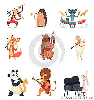 Animals with music instruments. Zoo musicians entertainment cute vocal song music band vector cartoon characters Vector Illustration