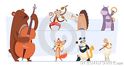 Animals musicians. Wild cartoon zoo animals with musical instruments vocal and song play band with guitar violin vector Vector Illustration