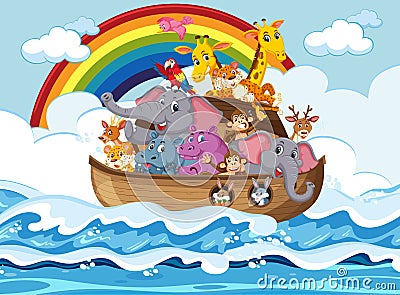 Animals on Noah`s ark floating in the ocean scene Vector Illustration