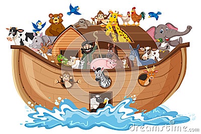 Animals on Noah`s ark with sea wave isolated on white background Vector Illustration