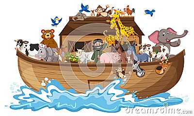Animals on Noah`s ark with sea wave isolated on white background Vector Illustration