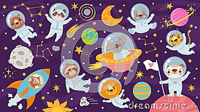 Animals in space. Cute animal astronauts in space suits, universe galaxy with planets, stars, spaceship children print Vector Illustration