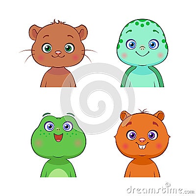 Vector set of forest and aquatic animals: otter, turtle, frog, beaver. Vector Illustration