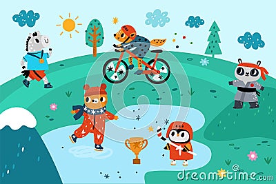 Animals outdoor sport. Athletes are engaged physical exercises in park. Ice skating bear and running horse. Owl playing Vector Illustration