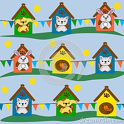 Animals pattern of beach houses. Children`s vector illustration. Vector Illustration