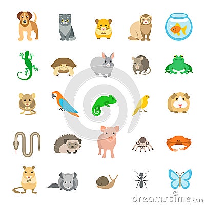 Animals pets vector flat colorful icons set on white Vector Illustration