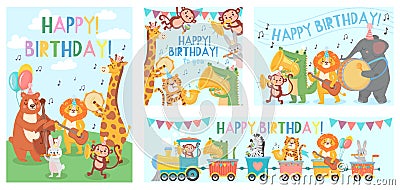 Animals play music greeting card. Happy birthday song played by cute animals orchestra with music instruments vector Vector Illustration