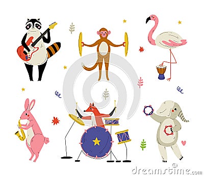 Animals playing musical instruments set. Raccoon, flamingo, monkey, rabbit, fox, elephant playing music cartoon vector Vector Illustration