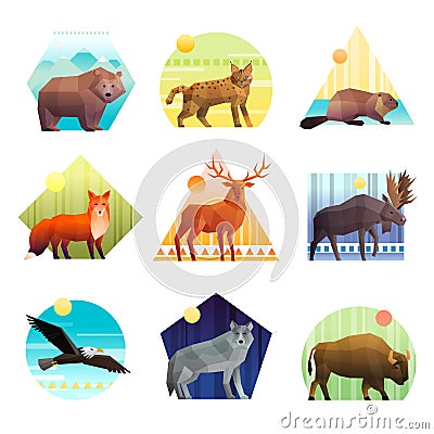 Animals Polygonal Emblem Set Vector Illustration